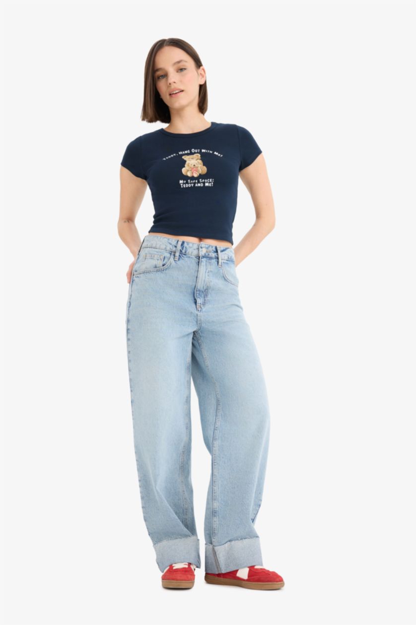 Woman NAVY Fitted Crew Neck Photo Printed Ribbed T-Shirt