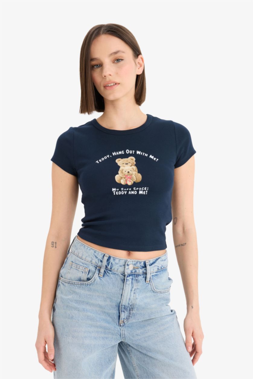 Woman NAVY Fitted Crew Neck Photo Printed Ribbed T-Shirt