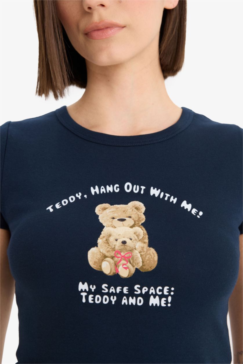 Woman NAVY Fitted Crew Neck Photo Printed Ribbed T-Shirt