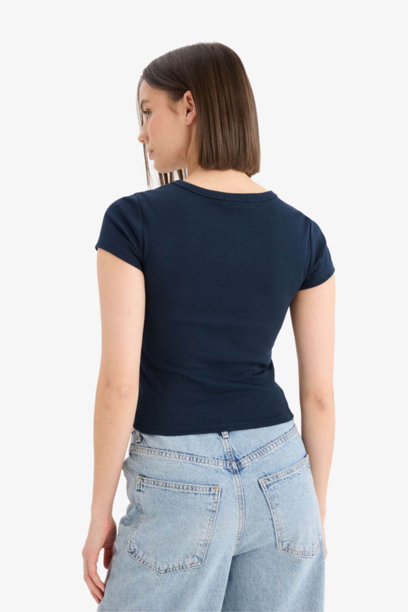 Woman NAVY Fitted Crew Neck Photo Printed Ribbed T-Shirt