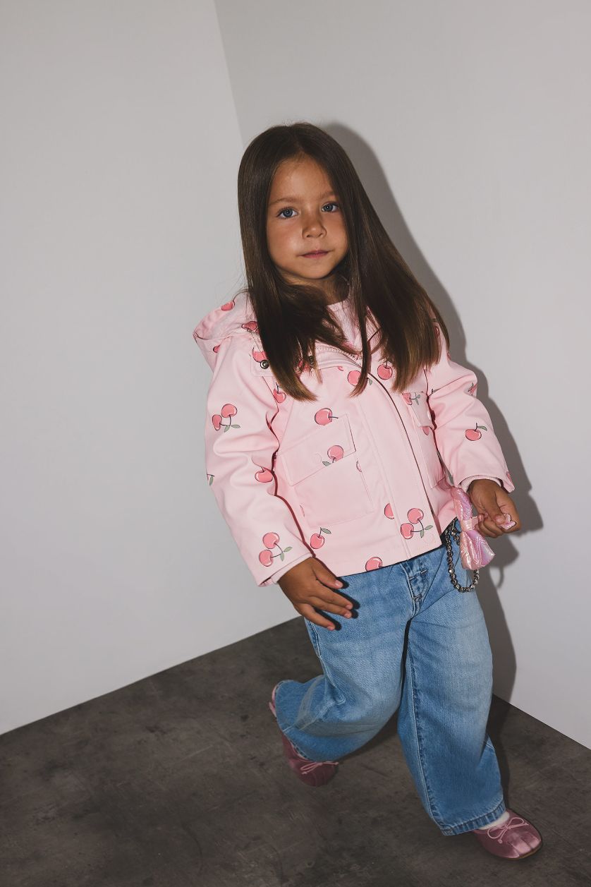 Kız Bebek Açık Pembe Kız Bebek Rüzgar Geçirmez Su Geçirmez Kapüşonlu Desenli Çıtçıtlı Cepli Mont