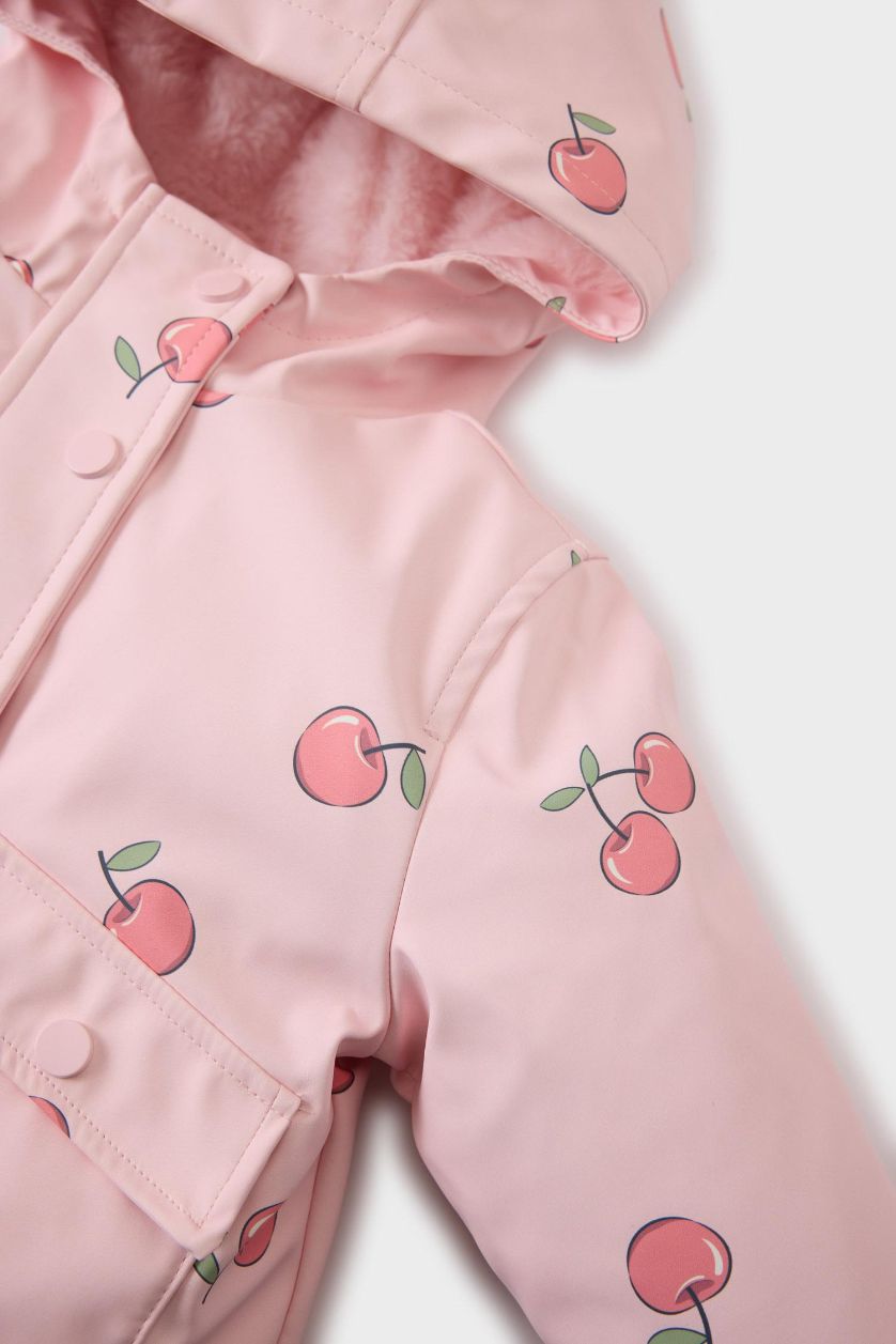 Kız Bebek Açık Pembe Kız Bebek Rüzgar Geçirmez Su Geçirmez Kapüşonlu Desenli Çıtçıtlı Cepli Mont