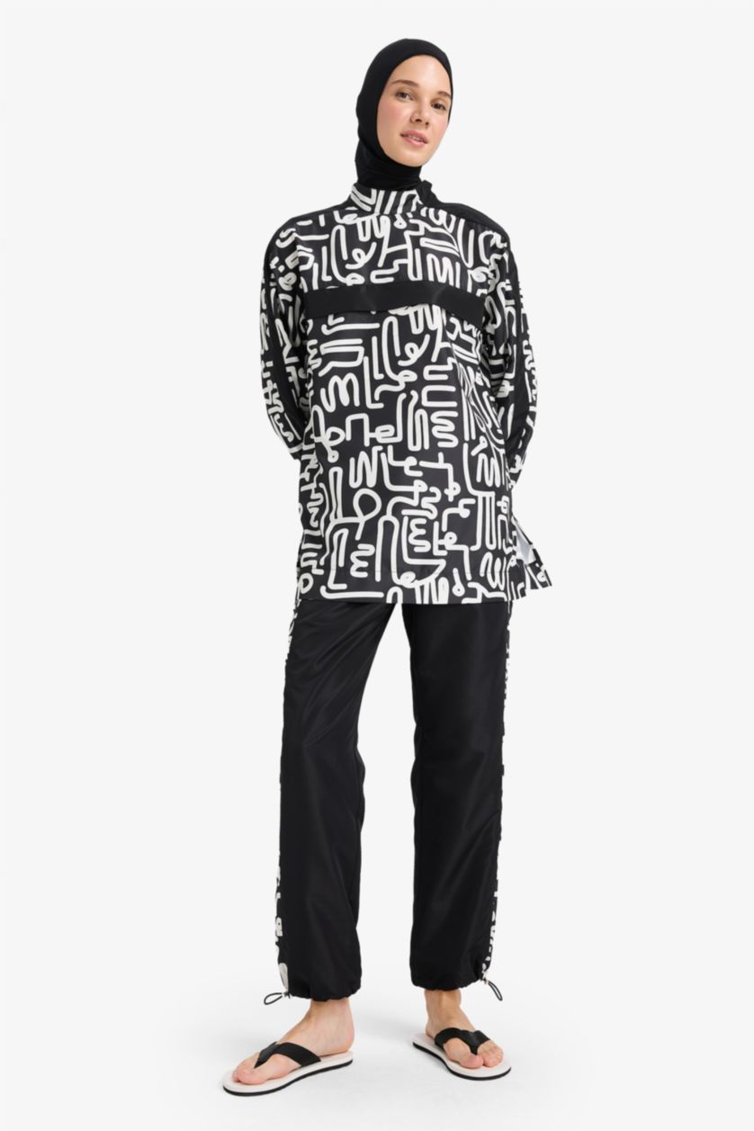 Kadın Siyah Regular Fit Su Geçirmez 3'lü Desenli Burkini Tesettür Mayo Takım