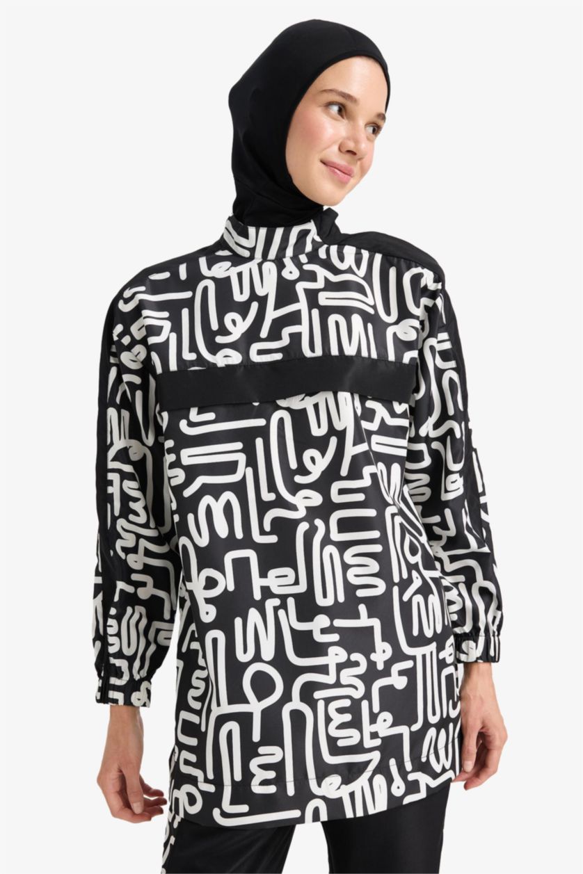 Kadın Siyah Regular Fit Su Geçirmez 3'lü Desenli Burkini Tesettür Mayo Takım