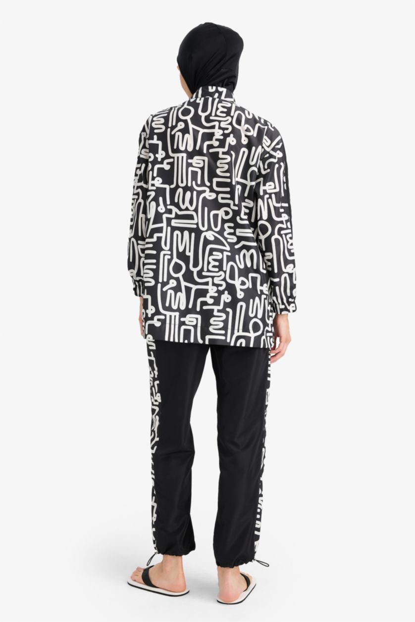 Kadın Siyah Regular Fit Su Geçirmez 3'lü Desenli Burkini Tesettür Mayo Takım