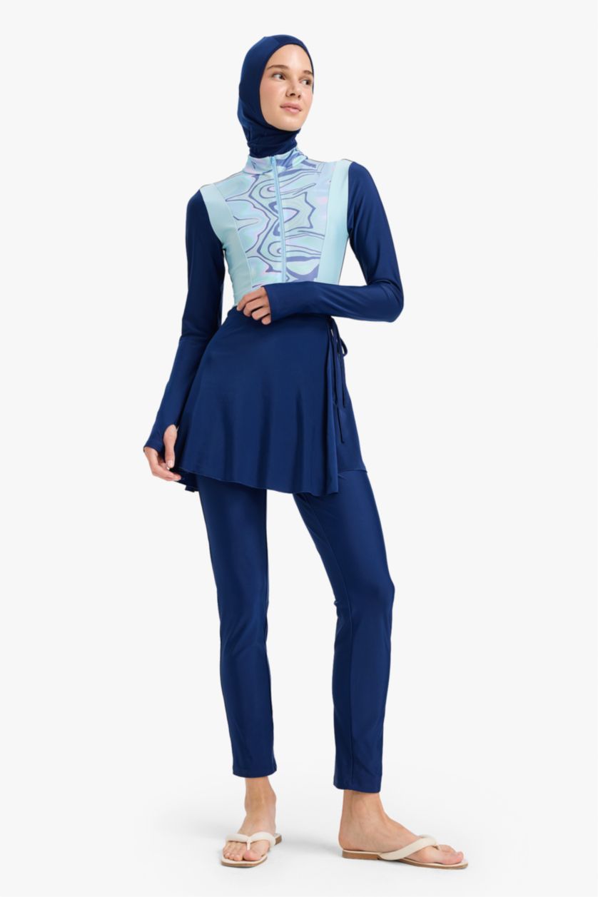 نساء كحلي سيت بوركيني محجبات مطبوع قصة عادية - 5 قطع