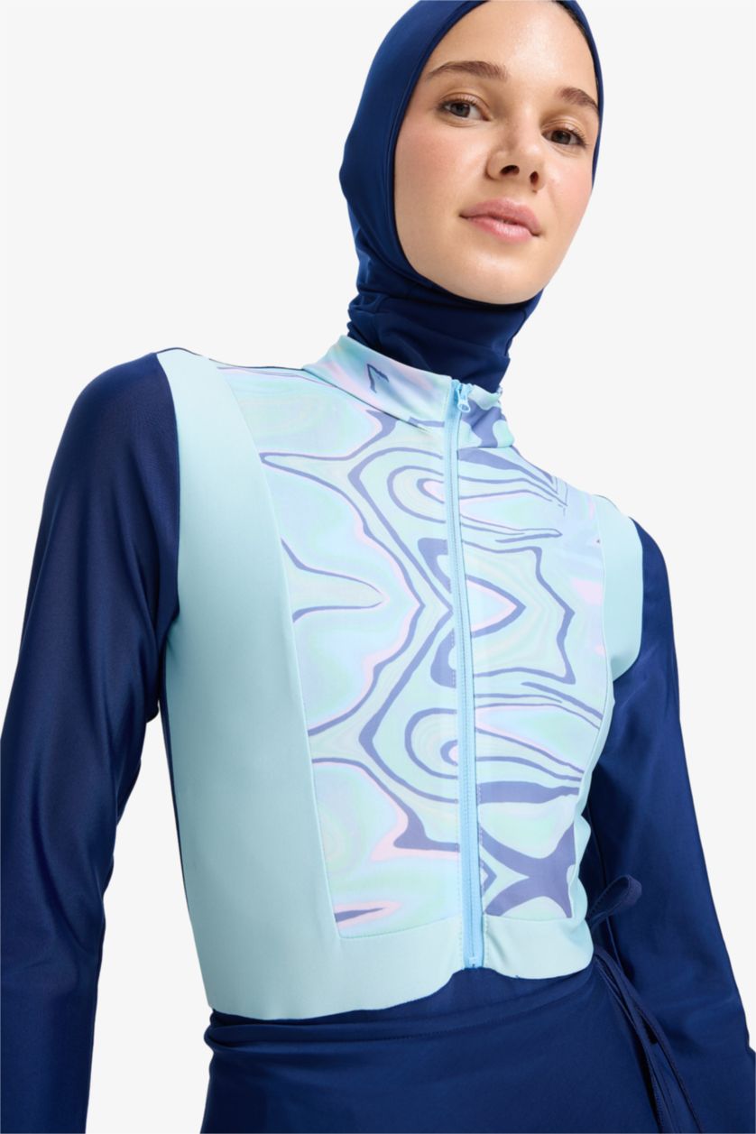 نساء كحلي سيت بوركيني محجبات مطبوع قصة عادية - 5 قطع