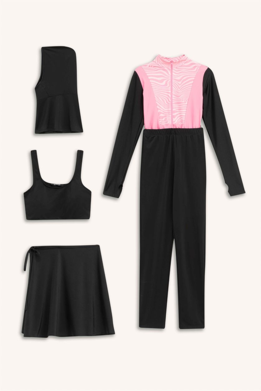 Kadın Pembe Regular Fit Hızlı Kuruyan Baskılı 5'li Burkini Takım