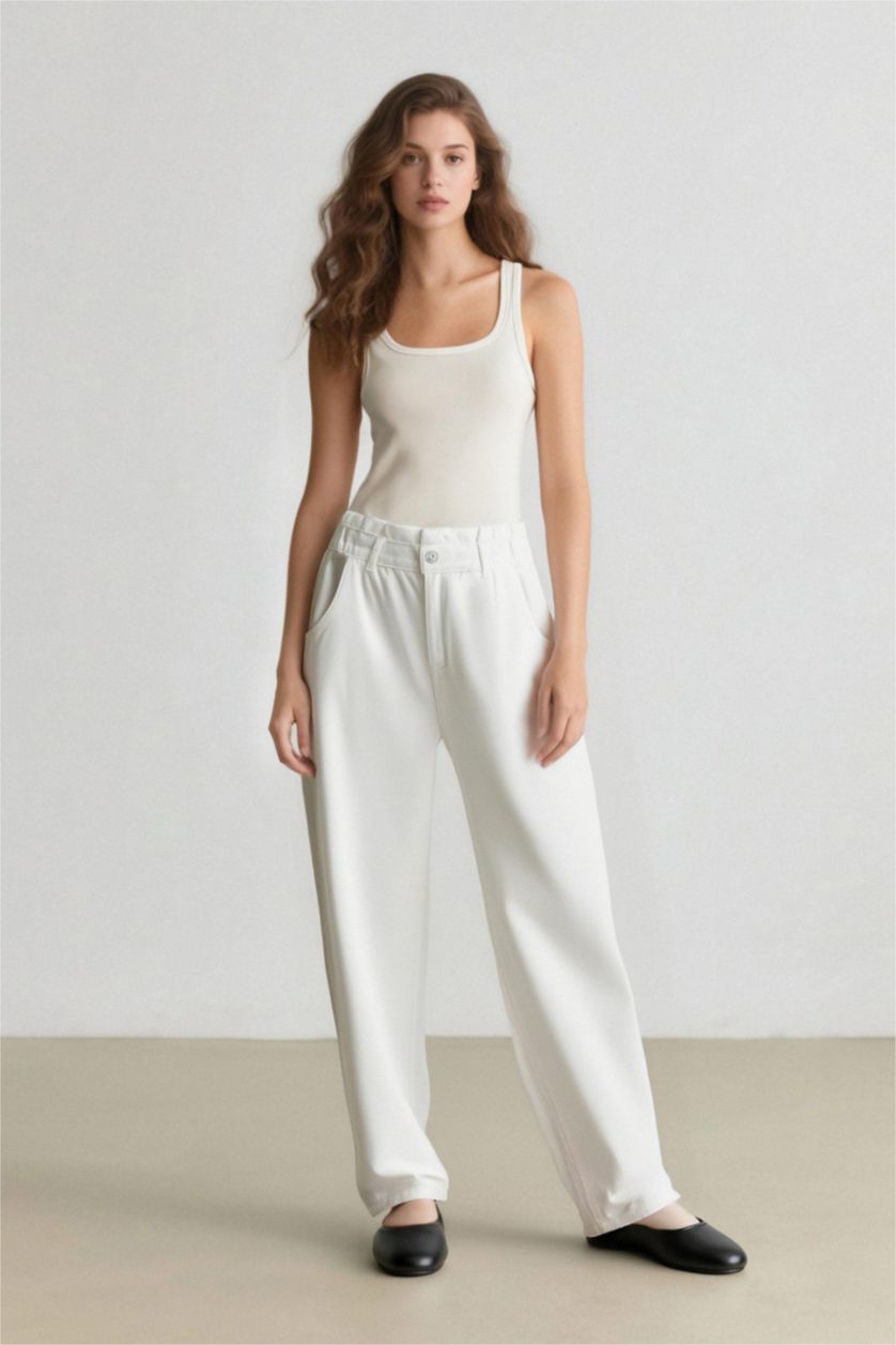 نساء أبيض (000) بنطرون جينز بيبرباج بخصر مطاطي