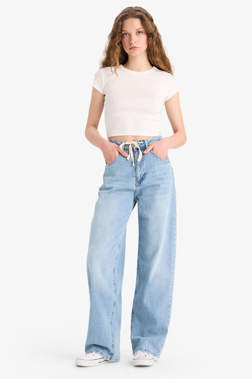 Kadın Mavi Wide Leg Bağcıklı Bel Uzun Jean Yıkamalı Pantolon