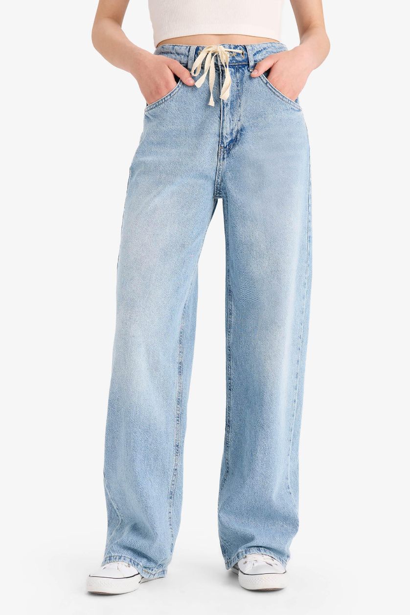 Kadın Mavi Wide Leg Bağcıklı Bel Uzun Jean Yıkamalı Pantolon