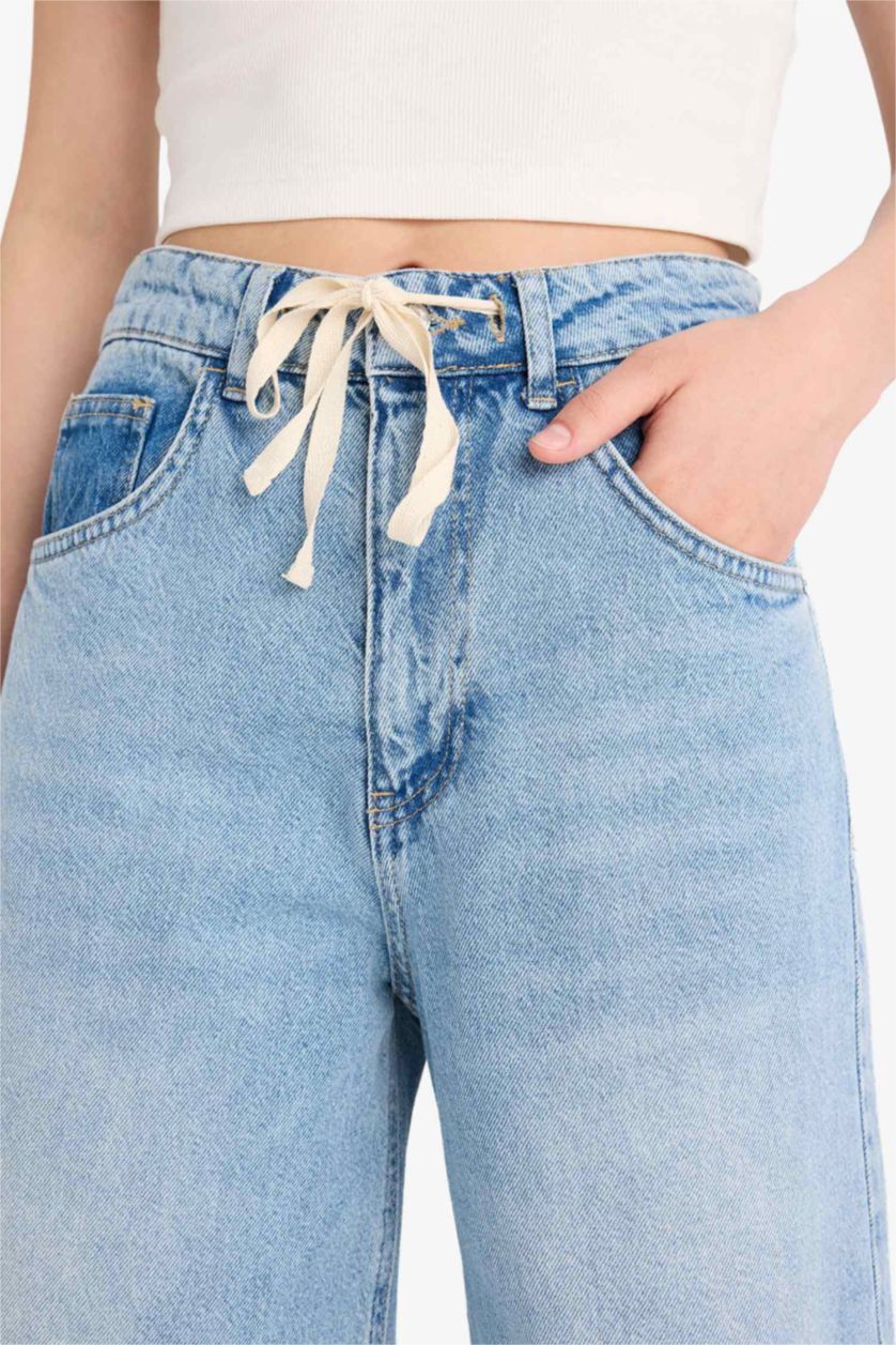 Kadın Mavi Wide Leg Bağcıklı Bel Uzun Jean Yıkamalı Pantolon