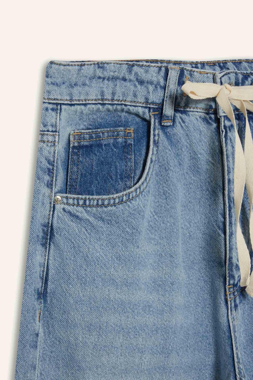 Kadın Mavi Wide Leg Bağcıklı Bel Uzun Jean Yıkamalı Pantolon