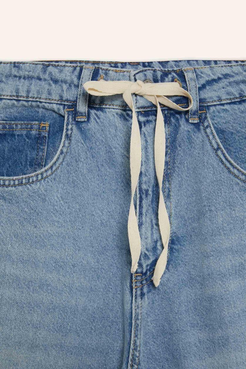 Kadın Mavi Wide Leg Bağcıklı Bel Uzun Jean Yıkamalı Pantolon