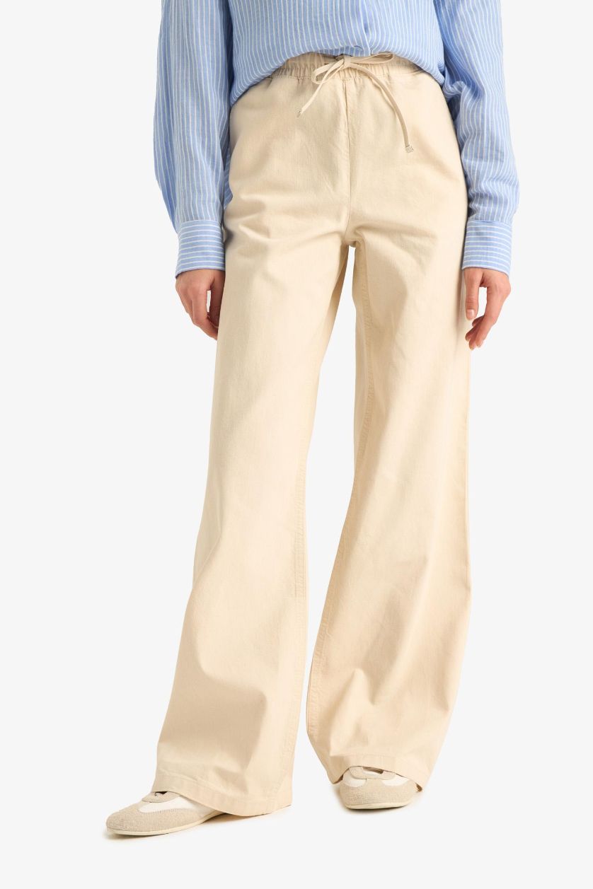 Kadın Ekru Beli Lastikli Uzun Jean Pantolon