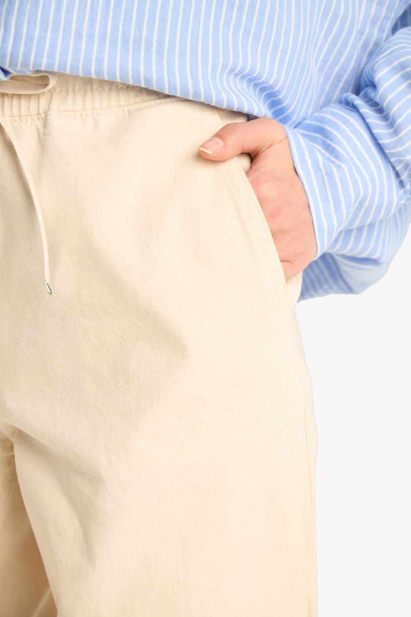 Kadın Ekru Beli Lastikli Uzun Jean Pantolon