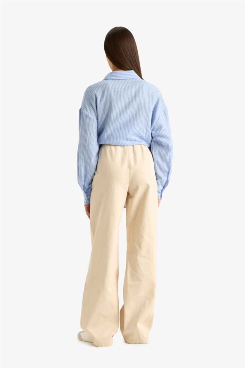 Kadın Ekru Beli Lastikli Uzun Jean Pantolon