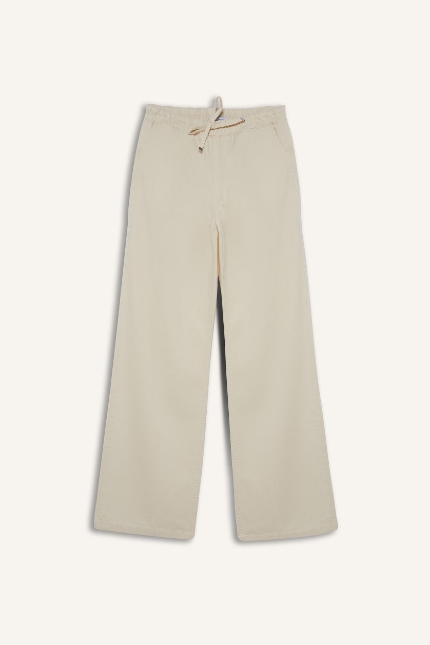 Kadın Ekru Beli Lastikli Uzun Jean Pantolon