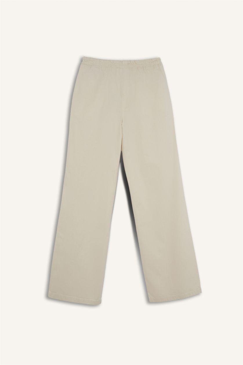 Kadın Ekru Beli Lastikli Uzun Jean Pantolon