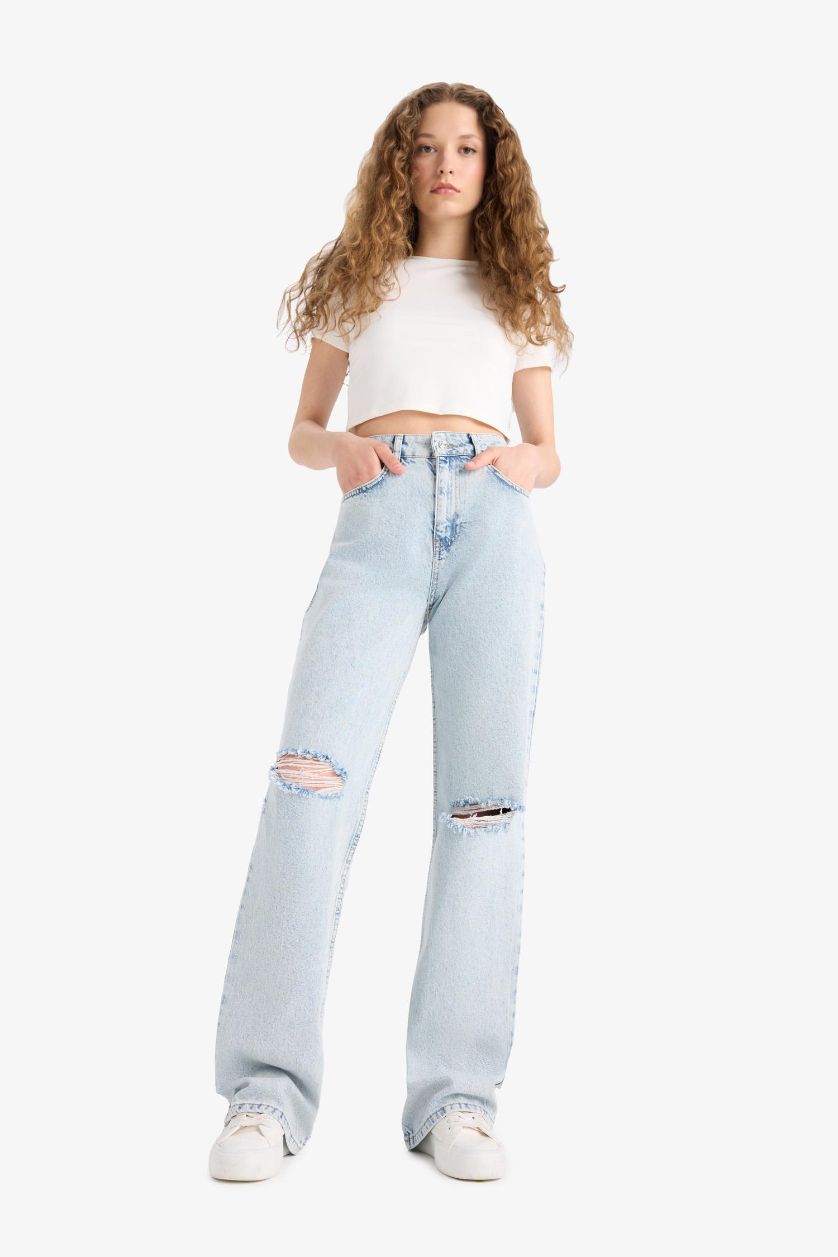FEMME BLEU Clair Jean taille haute à déchirures et effet délavé Coupe droite