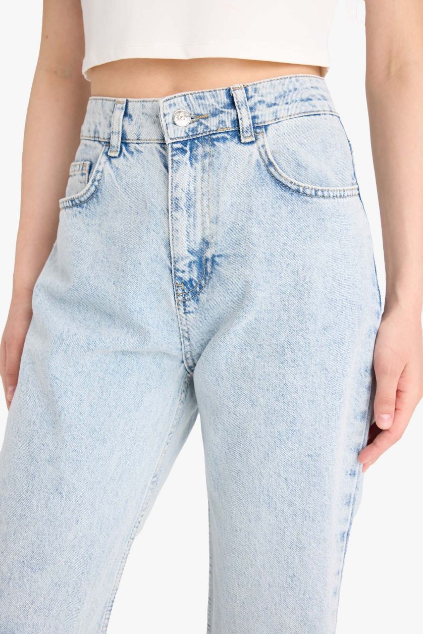 FEMME BLEU Clair Jean taille haute à déchirures et effet délavé Coupe droite