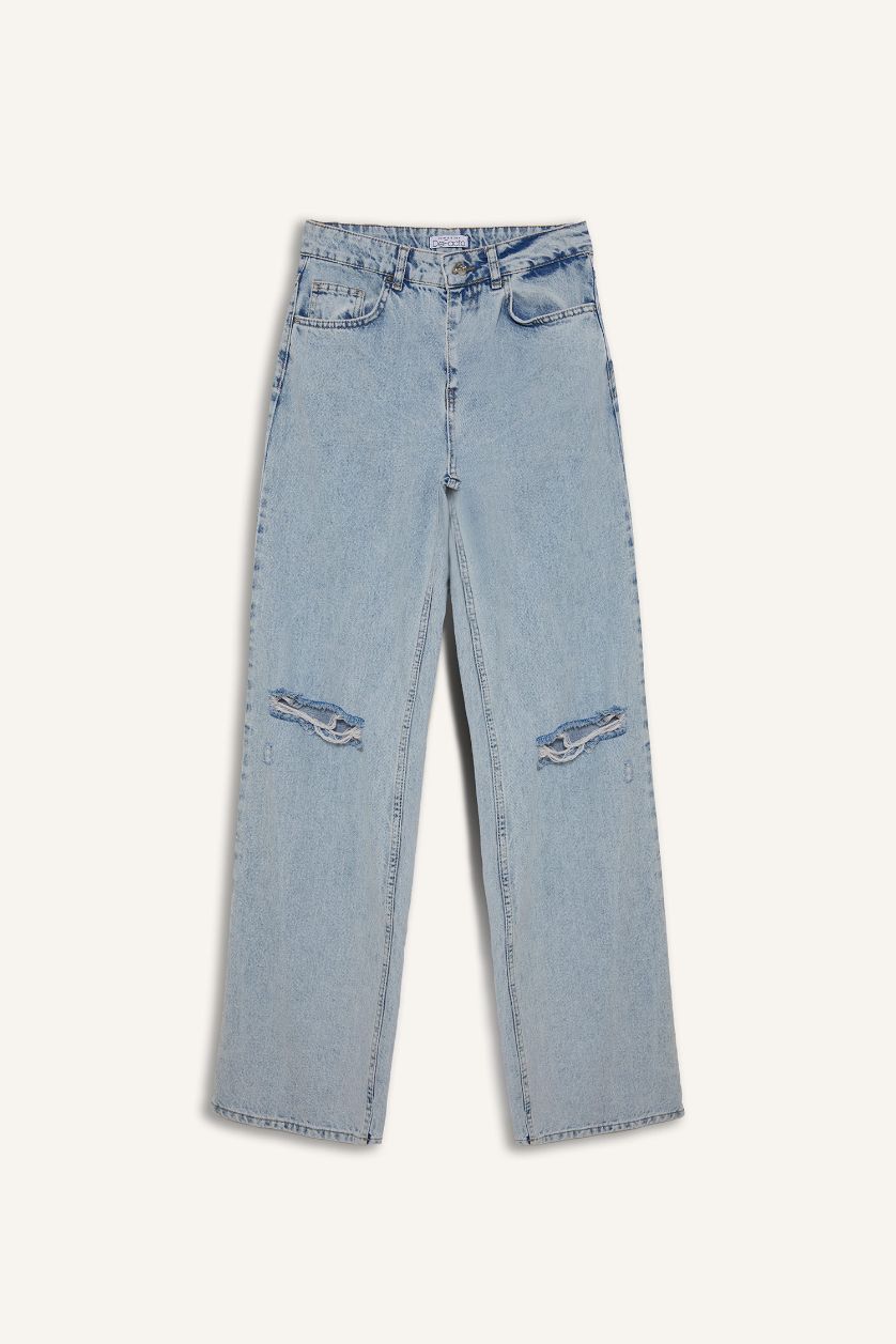 FEMME BLEU Clair Jean taille haute à déchirures et effet délavé Coupe droite