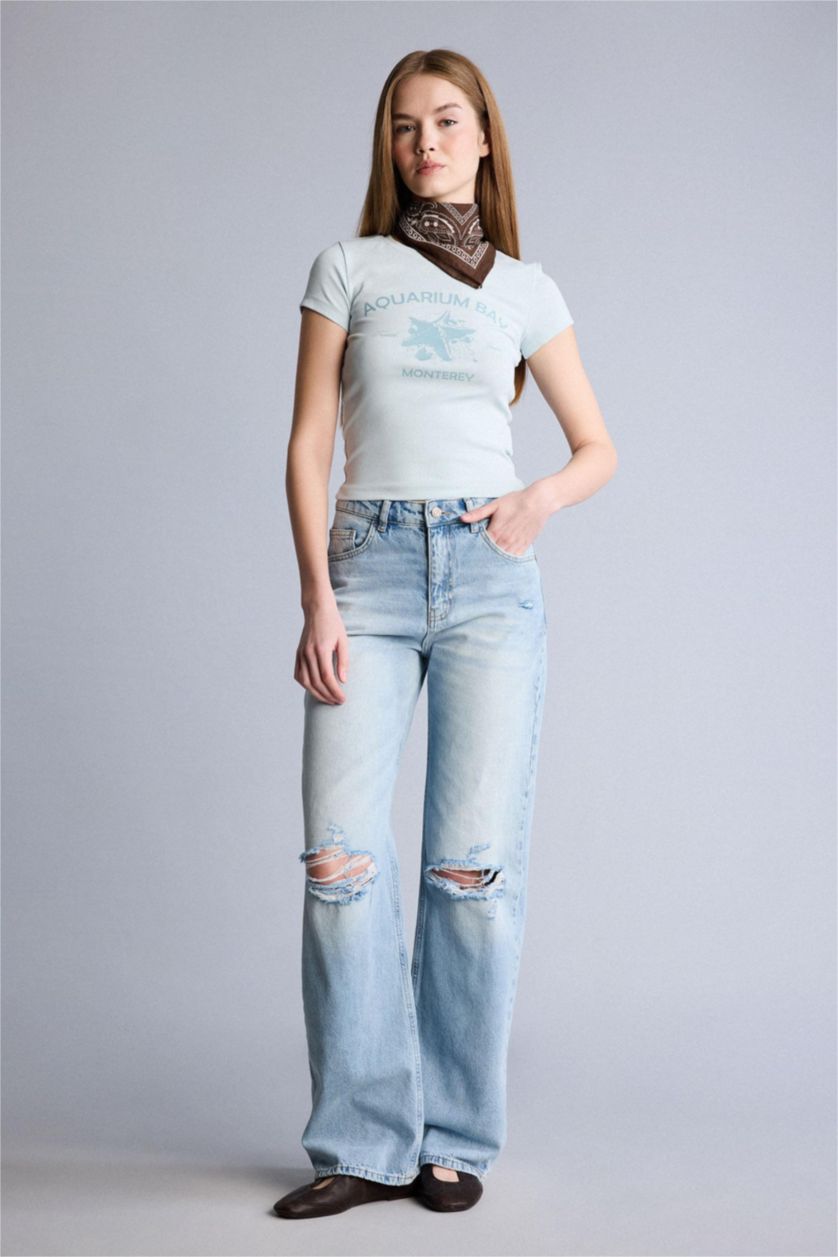 Kadın Mavi Afra x Defacto Straıght Wıde Yırtık Detaylı Yüksek Bel  Jean Yıkamalı Pantolon