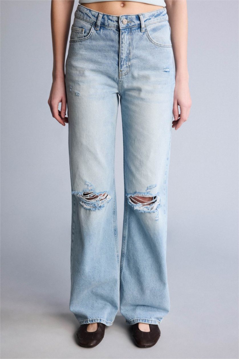 Kadın Mavi Afra x Defacto Straıght Wıde Yırtık Detaylı Yüksek Bel  Jean Yıkamalı Pantolon