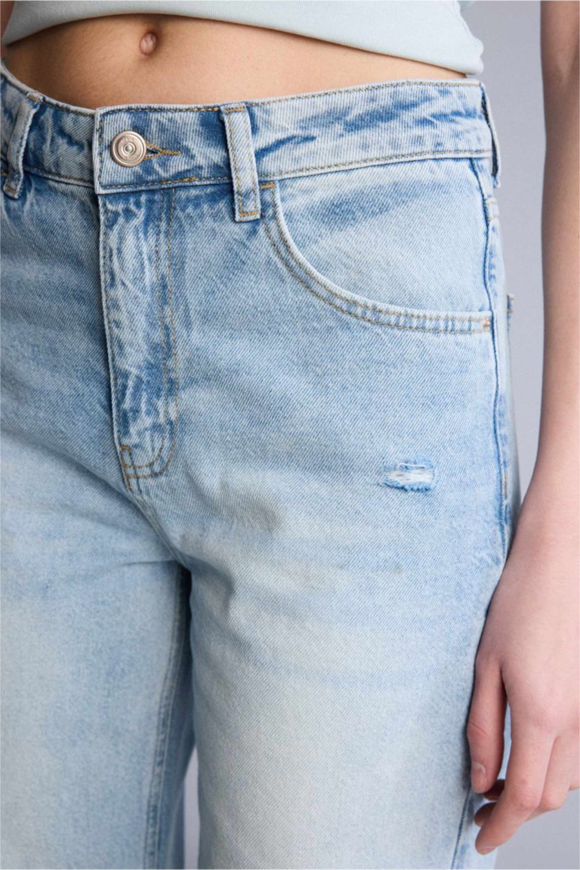 Kadın Mavi Afra x Defacto Straıght Wıde Yırtık Detaylı Yüksek Bel  Jean Yıkamalı Pantolon