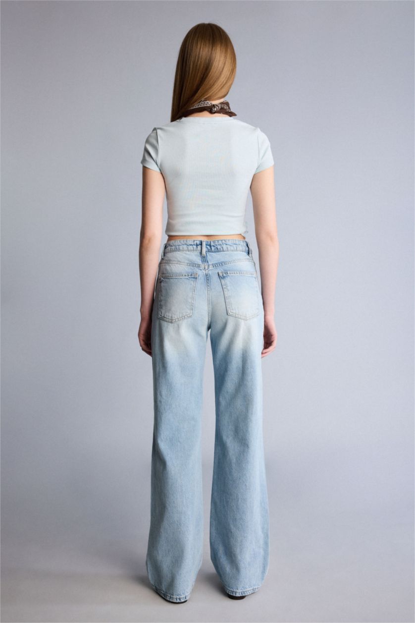 Kadın Mavi Afra x Defacto Straıght Wıde Yırtık Detaylı Yüksek Bel  Jean Yıkamalı Pantolon