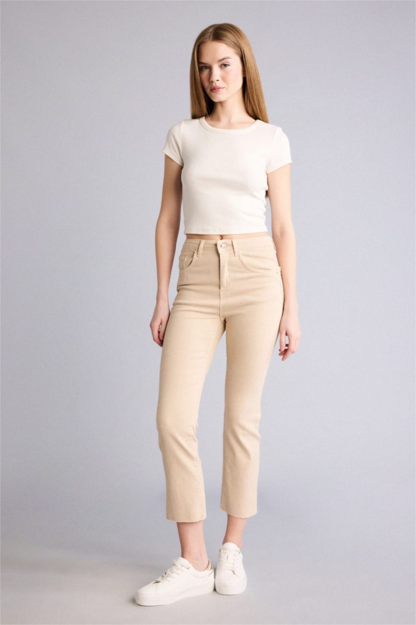 FEMME Beige Pantalon Cheville Jean Coupe évasée raccourcie