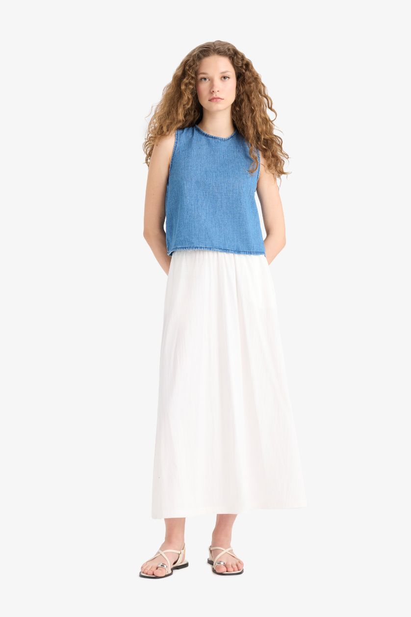 Kadın Mavi Bisiklet Yaka Keten Görünümlü Kolsuz Bluz