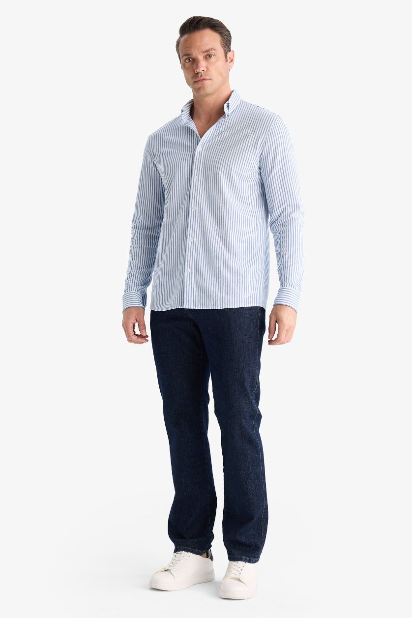 Ерлер Көк түймелі поло жағасы жолақ тоқылған Ұзын жеңді көйлек