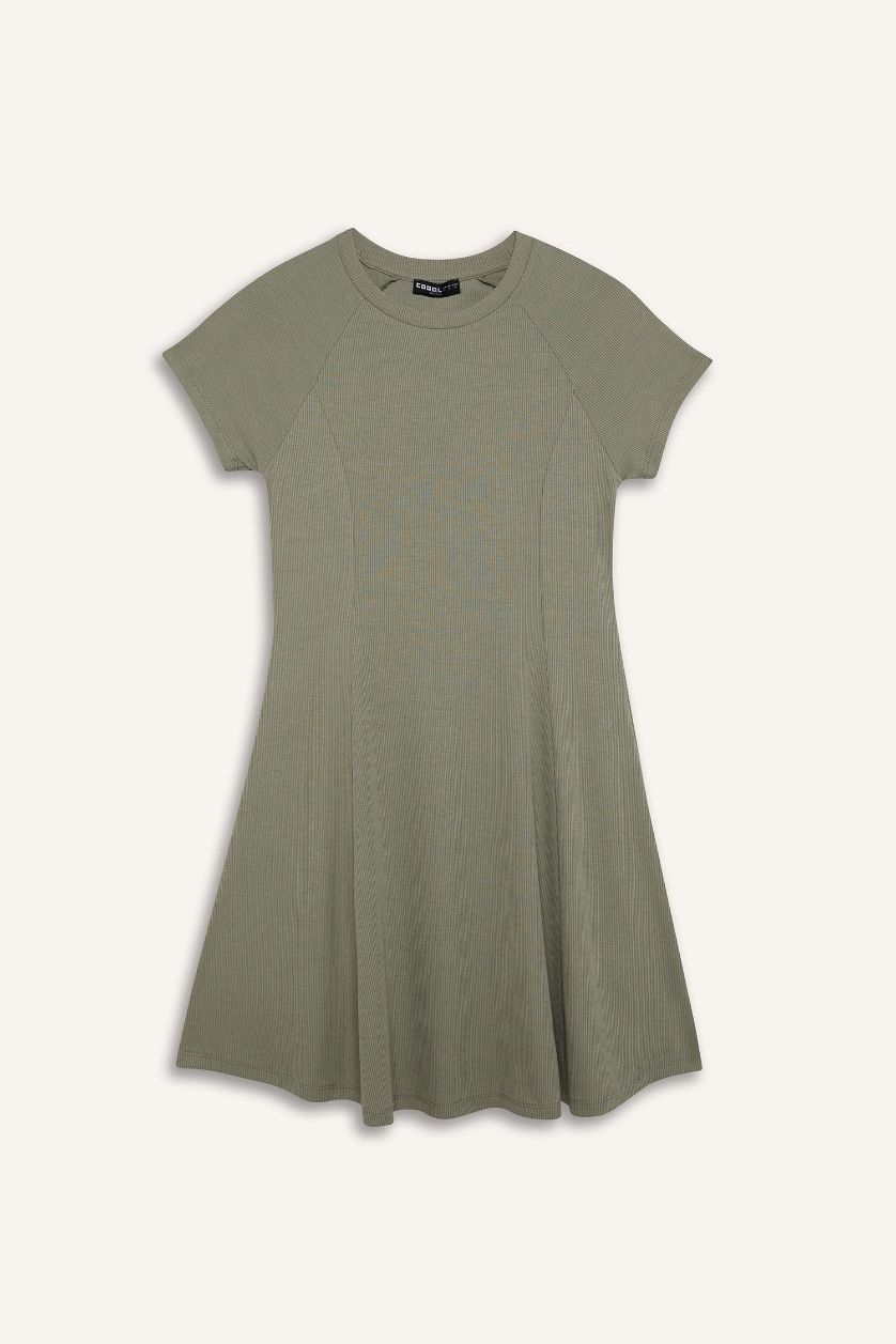 Kadın Yeşil Bisiklet Yaka Basic Düz Fitilli Kaşkorse Kısa Kollu Mini Yazlık Elbise