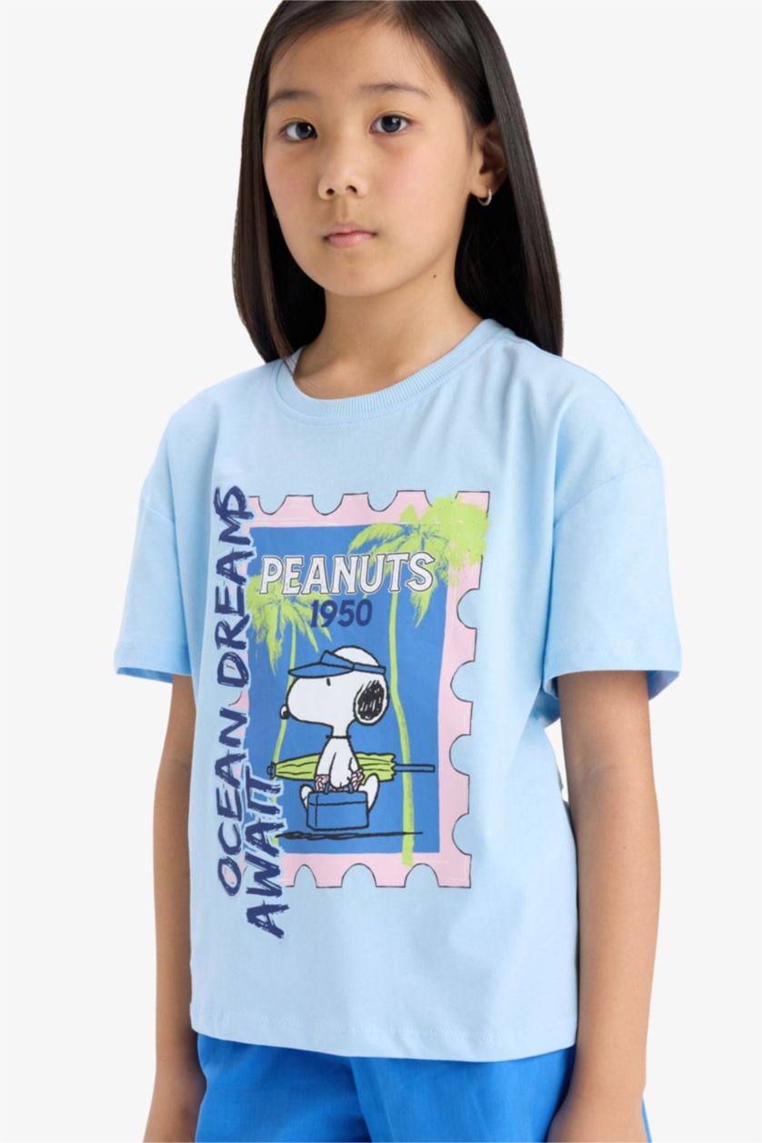 Kız Çocuk - Genç Kız Mavi %100 Pamuk Snoopy Relax Fit Bisiklet Yaka Kısa Kollu Tişört Kız Çocuk