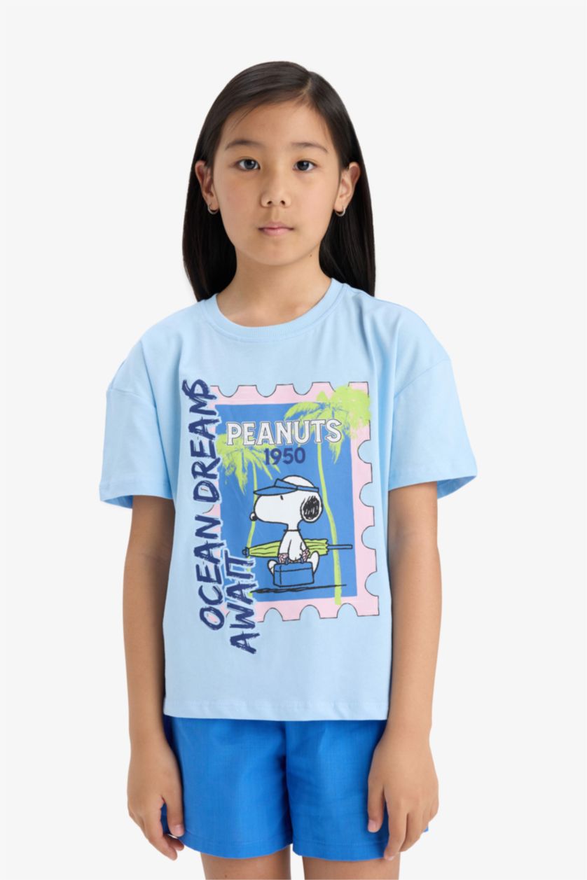 Kız Çocuk - Genç Kız Mavi %100 Pamuk Snoopy Relax Fit Bisiklet Yaka Kısa Kollu Tişört Kız Çocuk