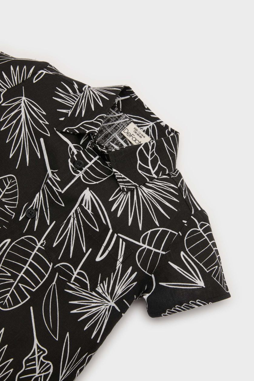 Erkek Bebek Siyah 2'li Takım Desenli Flamlı Poplin Kısa Kollu Gömlek Beli Lastikli Şort Erkek Bebek