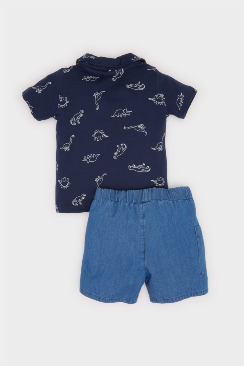BABY BOY NAVY Baby Boy Dinosaur Patterned Shirt Denim Shorts 2 Piece Set