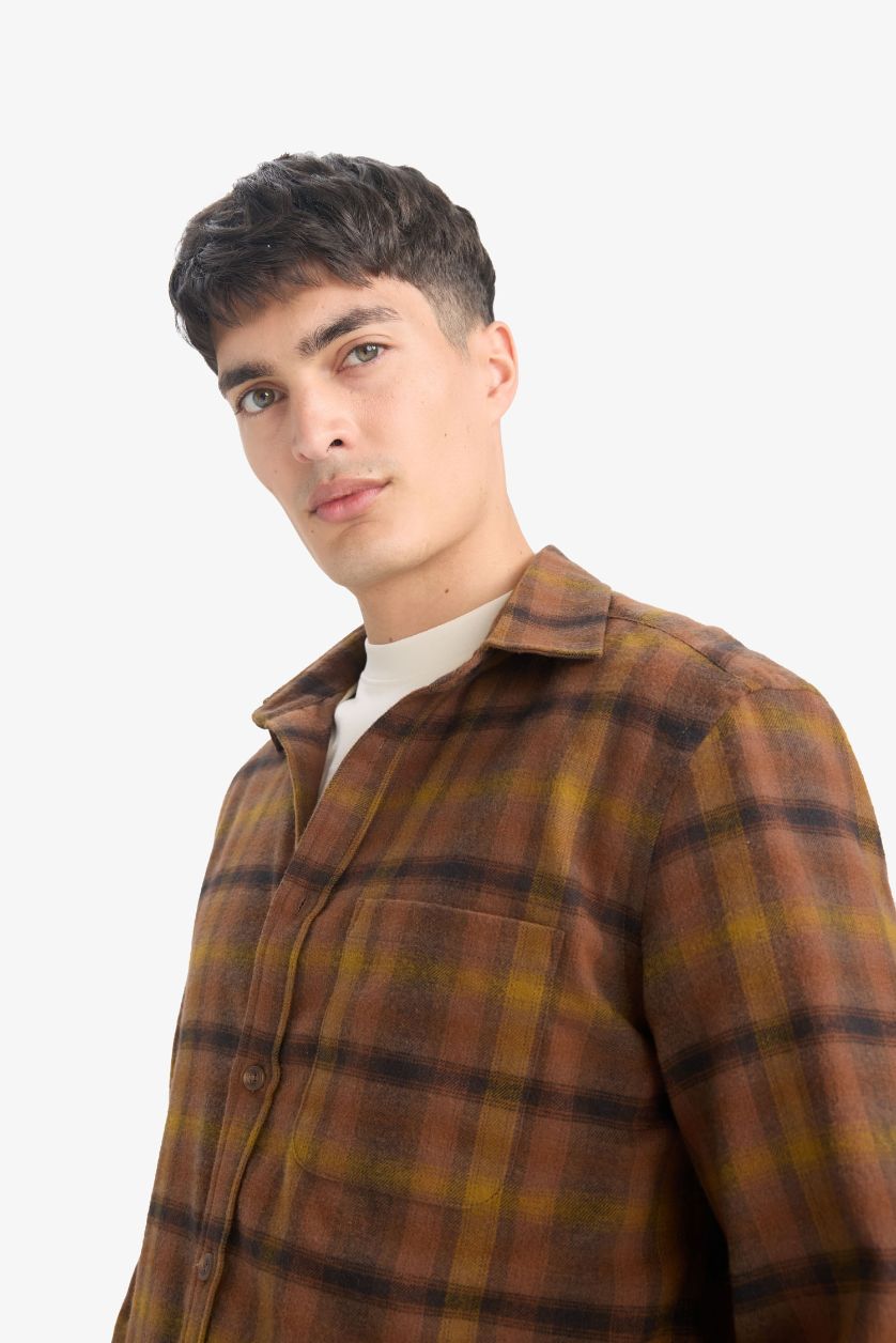 Ерлер ашық қоңыр поло жаға чек фланель Ұзын жеңді көйлек