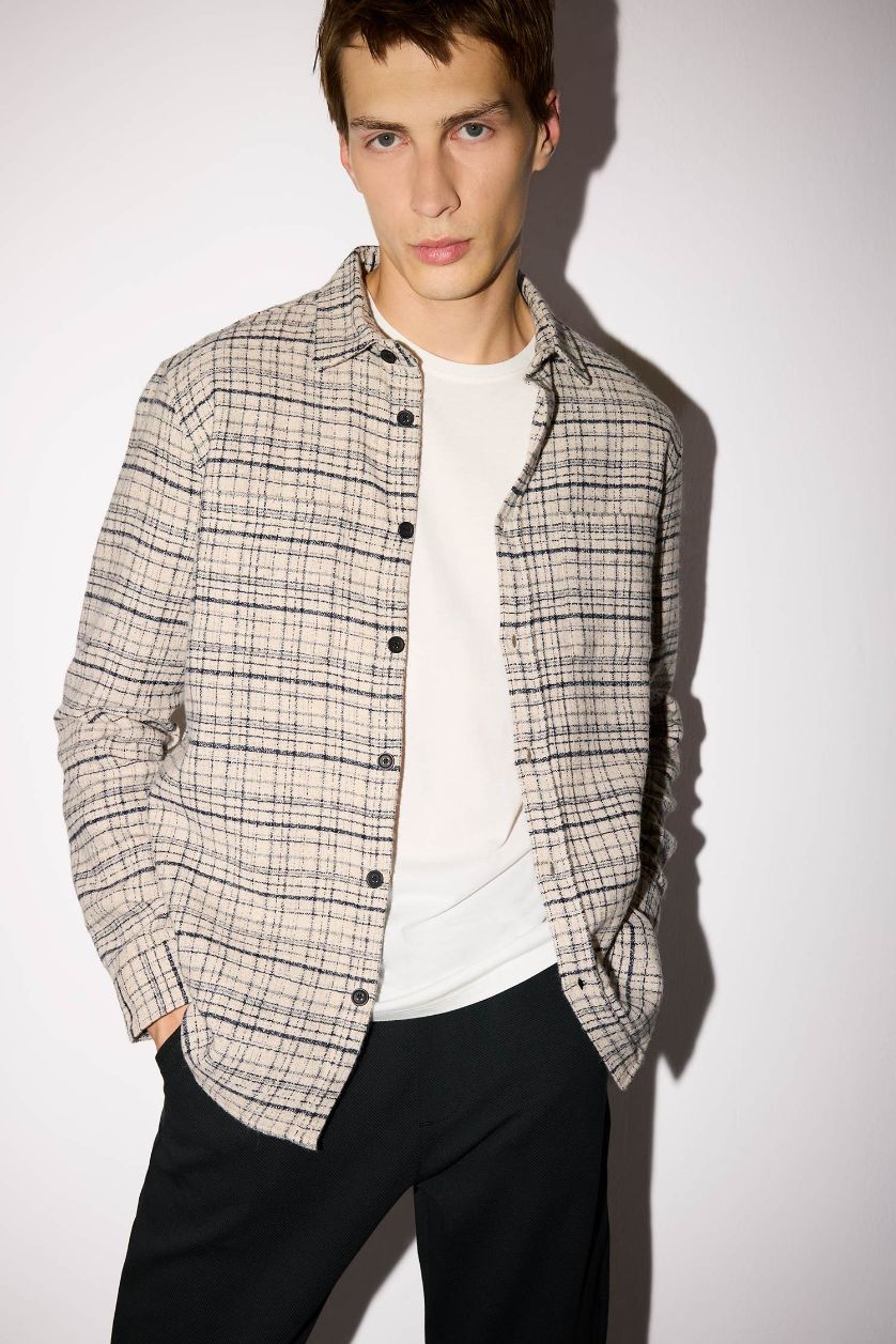 Erkek Taş Regular Fıt Polo Yaka Flanel Uzun Kollu Gömlek