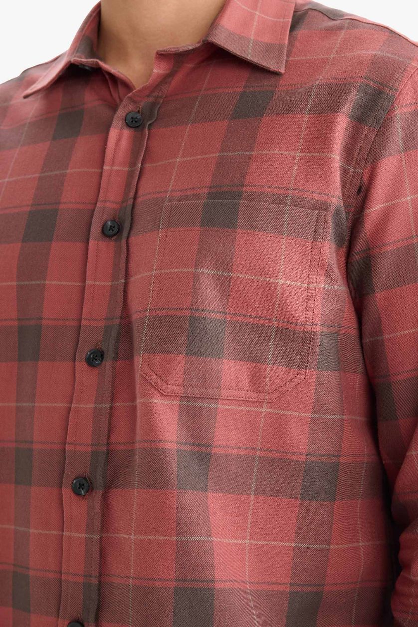 Man Light Brown Regular Fit Polo Collar Checked Cotton Shirt