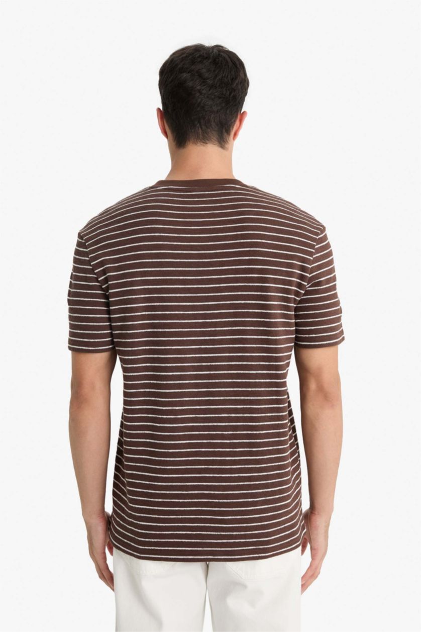 Erkek Kahve Regular Fit Bisiklet Yaka Çizgili Kısa Kollu Tişört