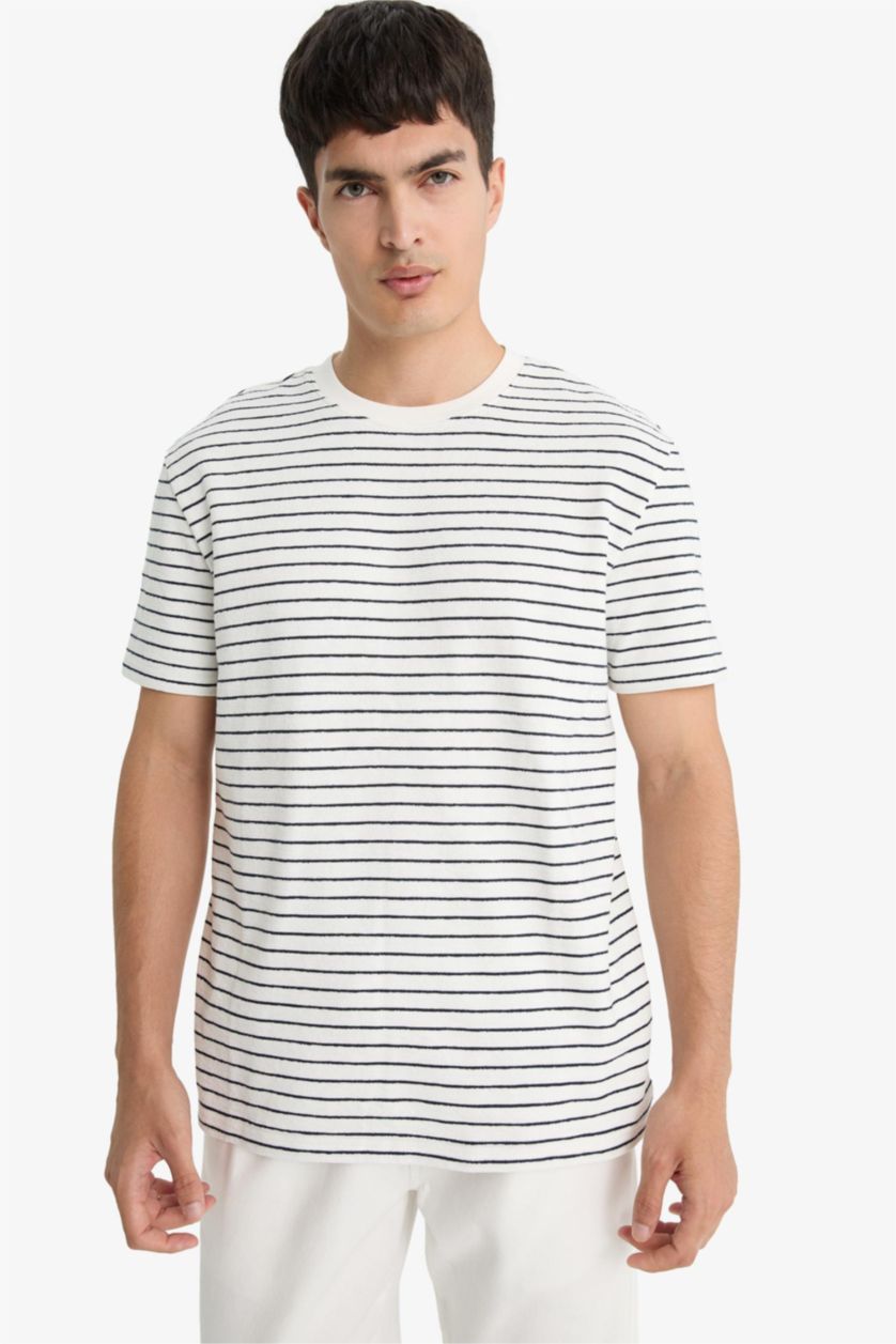 Erkek Ekru Regular Fit Bisiklet Yaka Çizgili Kısa Kollu Tişört 