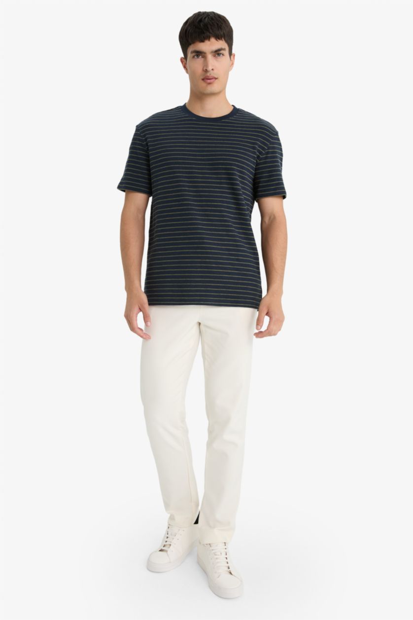 Erkek Lacivert Regular Fit Bisiklet Yaka Çizgili Kısa Kollu Tişört