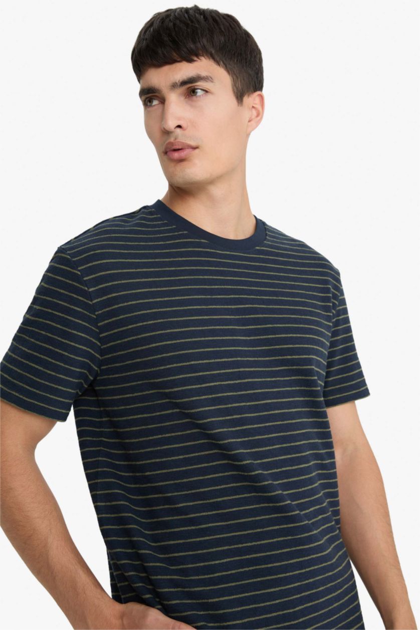 Erkek Lacivert Regular Fit Bisiklet Yaka Çizgili Kısa Kollu Tişört