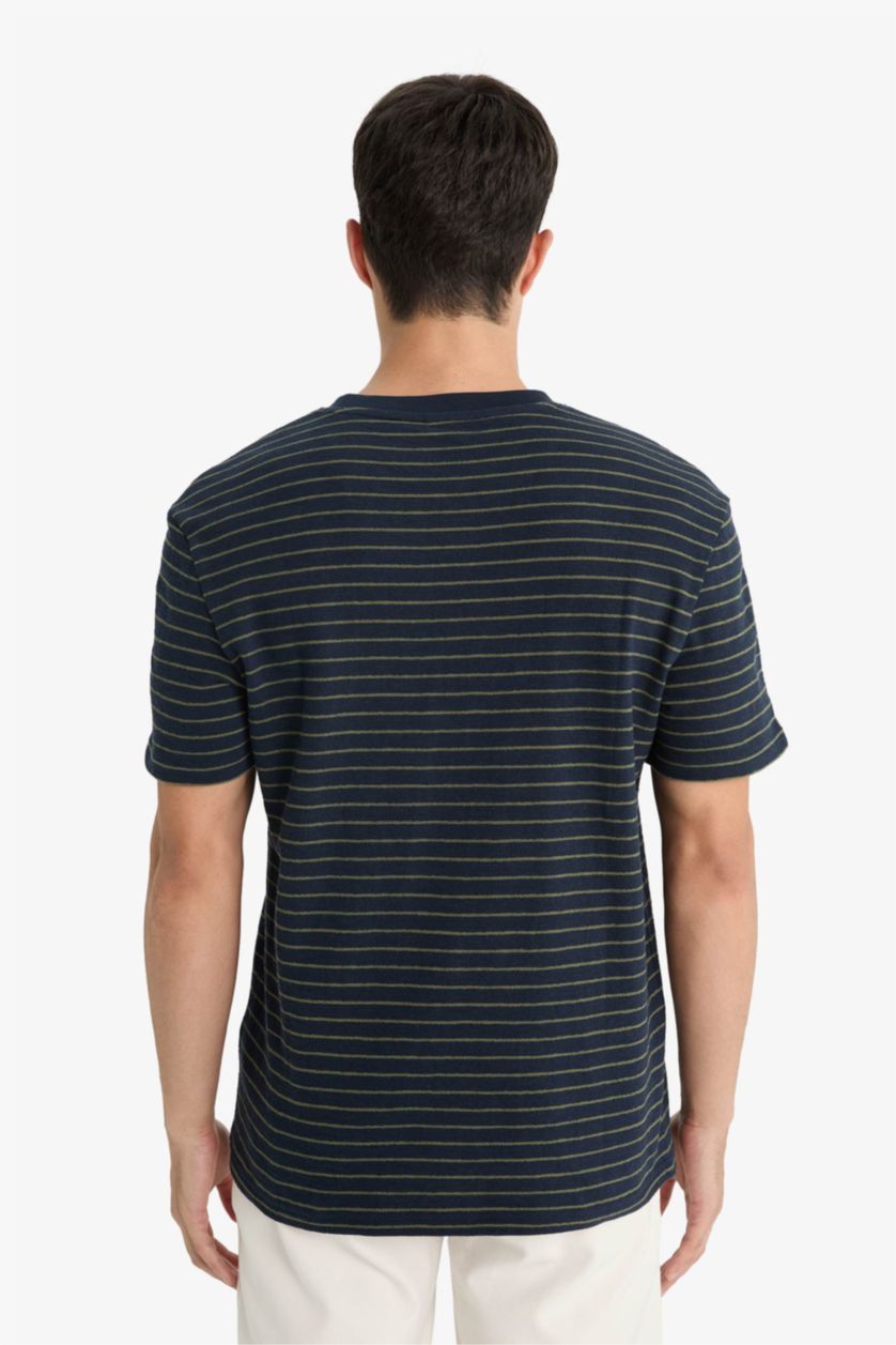 Erkek Lacivert Regular Fit Bisiklet Yaka Çizgili Kısa Kollu Tişört