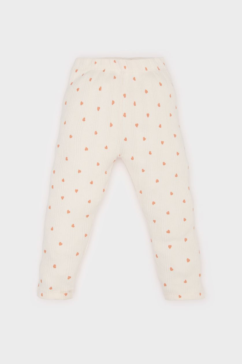 Kız Bebek Ekru Kalp Desenli Beli Lastikli Fitilli Kaşkorse Tayt Kız Bebek