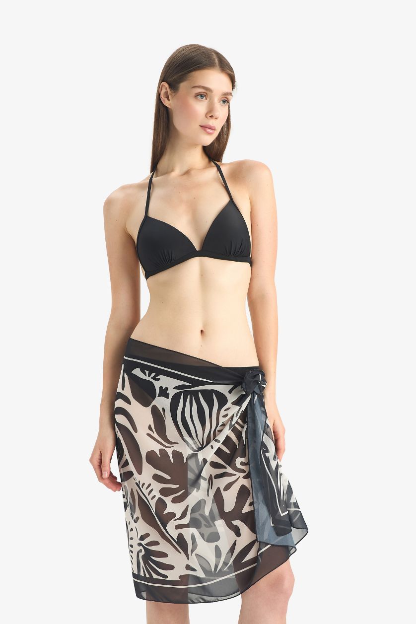 Kadın Siyah Regular Fit Desenli Şifon Pareo