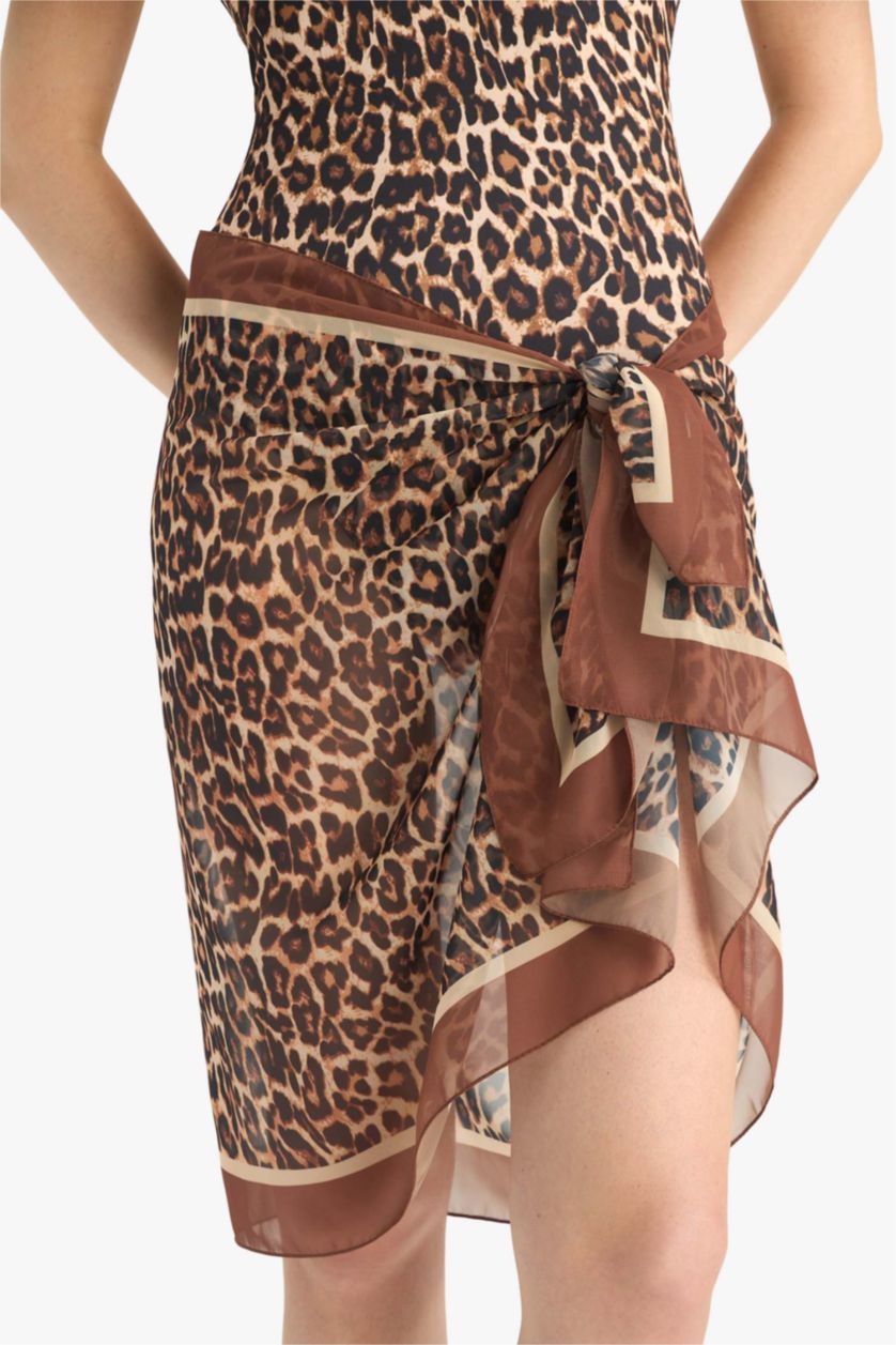 Kadın Camel Regular Fit Leopar Desenli Şifon Pareo