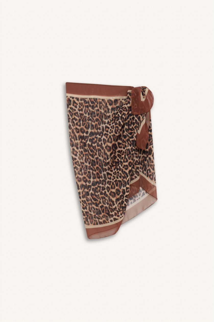 Kadın Camel Regular Fit Leopar Desenli Şifon Pareo